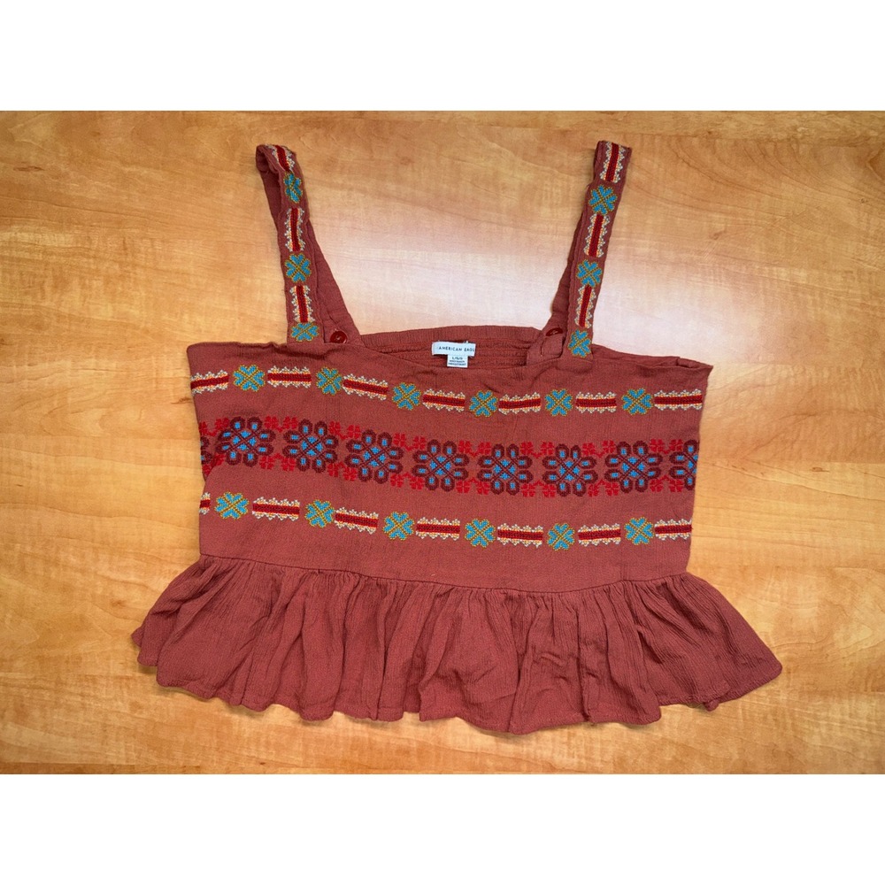 American Eagle Embroidered Peplum Cami Top Rust Terracotta Smocked Back Large